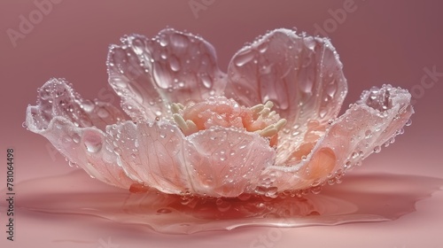  A pink flower with water droplets, closely framed against a matching pink background A solitary dewdrop at the base