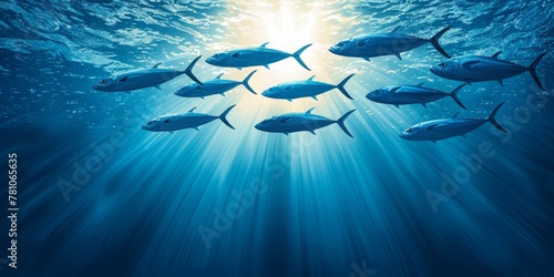 Ocean Ballet: A School of Tuna Fish Glides Through the Sun-Drenched Upper Echelons of the Deep Blue Sea, Generative AI