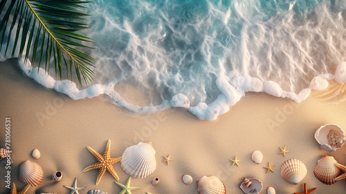 beach and waves from top view with sea shells and starfish. Background.