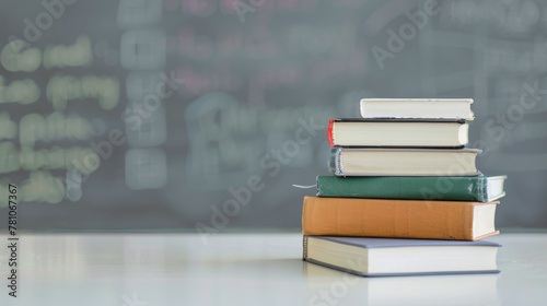 Stack of school textbooks on a white desk with blurred chalkboard in background, room for copy space