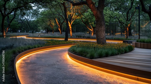 Illuminated Pathway in Tranquil Park at Dusk