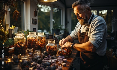 Man Standing in Front of Table With Jars of Food