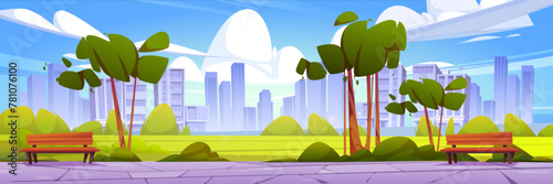 Summer park against cityscape background. Vector cartoon illustration of wooden benches along road, tall trees, green bushes and lawn, silhouettes of modern skyscrapers on horizon, blue sunny sky