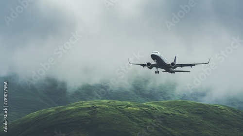 A serene image of an airplane gliding through a misty landscape, with soft clouds wrapping around green hills