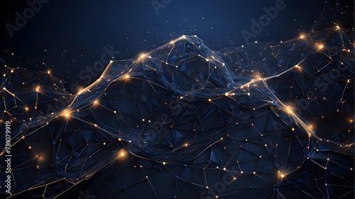 Abstract polygonal background including luminous particles, spots, and lines with a plexus effect. Artificial intelligence as a technology or connection notion. Dark blue depiction of a digital vector