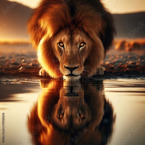 Male lion drinks from reflective watering hole 