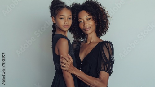 African American mother and daughter in chic black dresses posing with confidence and grace against a neutral background.