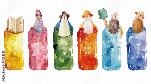 A playful set of watercolor painted tablets representing the Ten Commandments with a cheerful Moses character