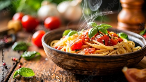 Hot spaghetti with cherry tomatoes basil and parmesan on wooden rustic background 