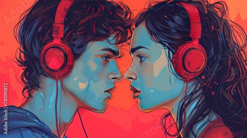 In a vibrant clash of hues, a young man and woman lock eyes, sharing a silent dialogue, connected by their headphones and the beats they share.
