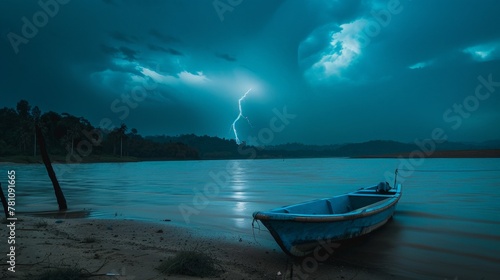 A boat rests by the water's edge