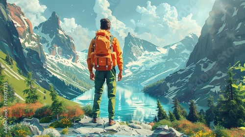 Travel and Tourism: A 3D vector illustration of a traveler with a backpack exploring a scenic landscape