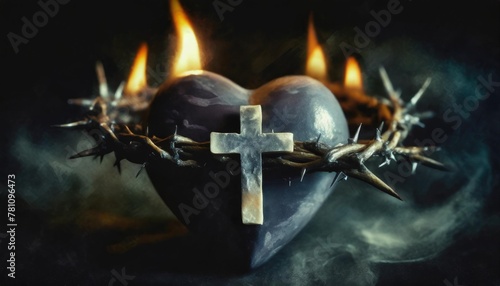 christian heart with cross flames and crown of thorns watercolor