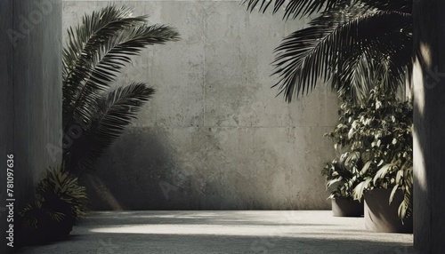 empty exterior concrete wall with tropical style garden 3d render decorate with tropical style tree sunlight on the wall