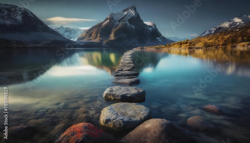 an image of a calm lake with aligned stones leading to a mountain in the background