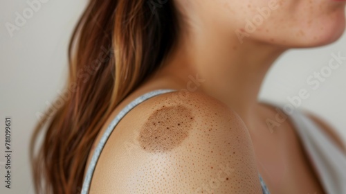 Close-up photo of a birthmark on a woman's shoulder