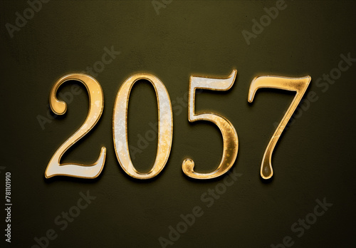 Old gold effect of 2057 number with 3D glossy style Mockup. 