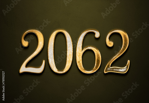 Old gold effect of 2062 number with 3D glossy style Mockup. 