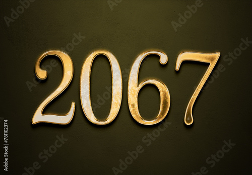 Old gold effect of 2067 number with 3D glossy style Mockup. 