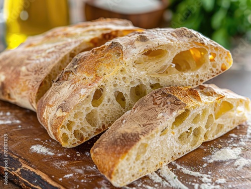 Rustic Sliced Ciabatta Bread on Wooden Background - Freshly Baked