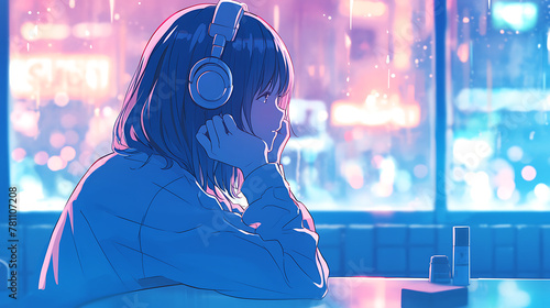 Young anime girl listening music with headphones. Cartoon drawing manga girl lofi hip hop music. generative ai