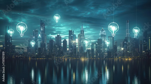 A futuristic city skyline with virtual lightbulbs illuminating the night sky, representing a hub of creativity and innovation.