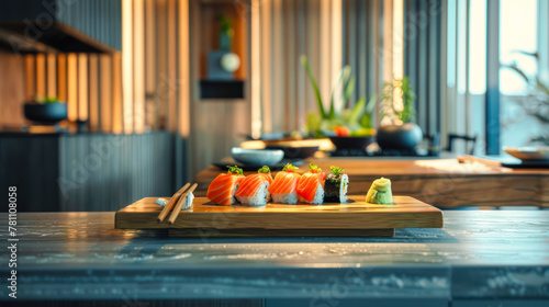 Delicious sushi set on the table in the kitchen or restaurant interior. Japanese cuisine. Homemade sushi and rolls set on the table top. Healthy seafood. Restaurant menu. sushi set nigiri, sashimi