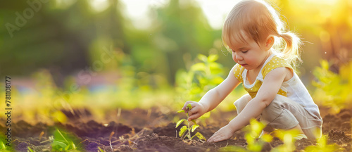 Happy young kid taking care of plant in the garden, nature, plant care. A child squats in a field and plants a corn sprout in the ground. Sunny day, child gardener helps on farming.