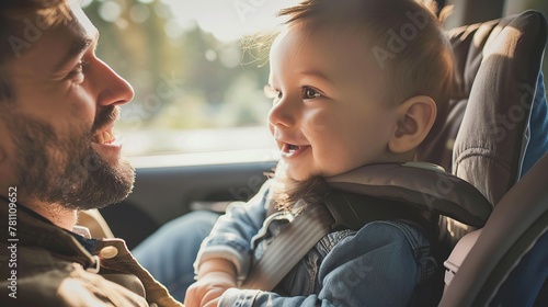smiling father looking at his baby who is securely strapped into a car safety seat, depicting a moment of bonding and responsible parenting. copy space fot text.