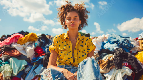 Young beautiful woman fashion victim sits on a heap of her clothes. Shopaholic. Ecological and sustainable fashion, reduce waste concept. conscious, reasonable clothing consumption.