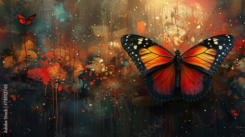 Butterfly Alighting on a Vibrant Painting, backdrop of abstract paint stains,