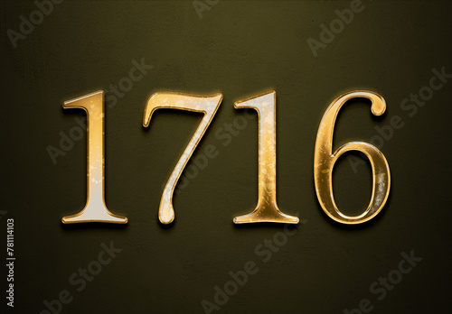 Old gold effect of 1716 number with 3D glossy style Mockup. 