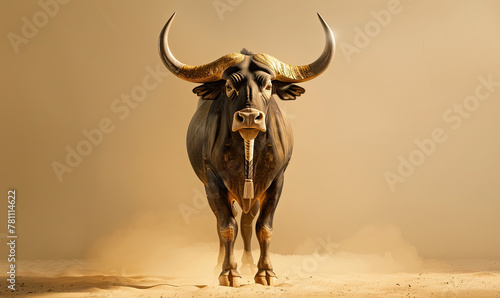 a studio shot of a closeup of A full body portrait photography of the Egyptian bull Apis, god, beige light in the background, looking at the camera