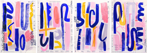 A series of abstract posters with bold, colorful brushstrokes in various colors. The design incorporates pink, blue, and yellow, creating an energetic visual artistic composition.