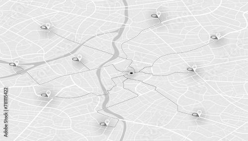 Concept of your location on map. Navigation to poi. Simple scheme of isometric city. Location tracks dashboard. Generic city map with signs of streets, roads, house. Vector illustration, background