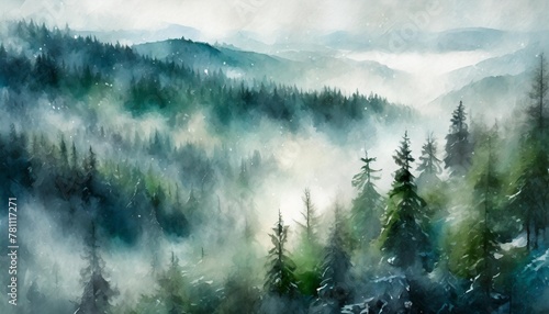 green horizontal landscape of foggy forest winter hill wild nature frozen misty taiga watercolor background