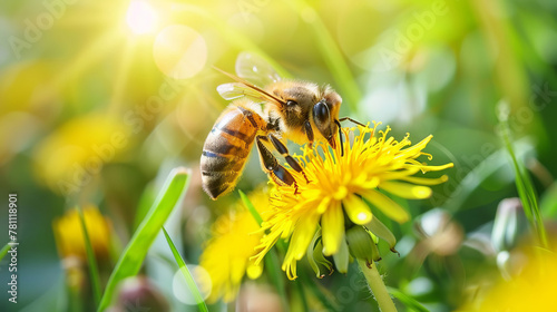 A honey bee collects nectar from yellow dandelion flowers.