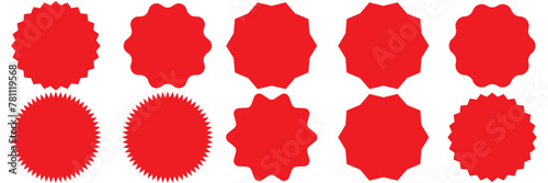 Set of red price sticker, sale or discount sticker, sunburst badges icon. Stars shape with different number of rays. Special offer price tag. Red starburst promotional badge set, shopping labels.