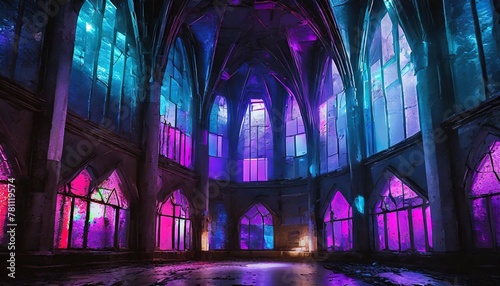 a building with stained glass windows is illuminated with blue and purple lights