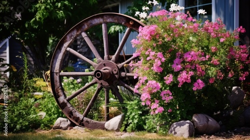 Garden adorned with a vintage plow wheel for a rustic touch