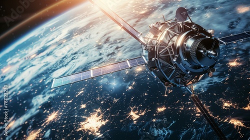 Satellite global communication spaceship with solar panels orbiting the Earth which can be used for research or to gather gather spying surveillance data, computer stock illustration