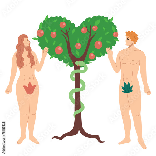 Adam and Eve in the Garden of Eden With a tree with apples and a tempting serpent. Hand drawn cartoon. Flat vector.