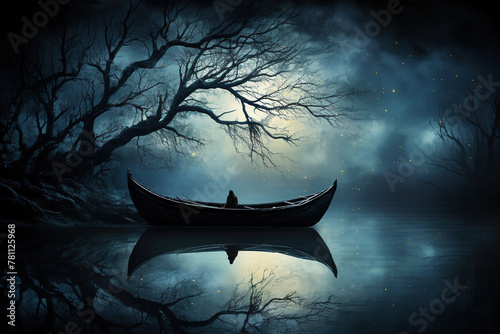 Solitary figure contemplating a moonlit canoe among ghostly trees.