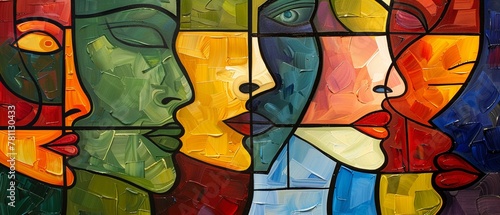 Cubist faces, bold colors, profiles in unity, abstract art