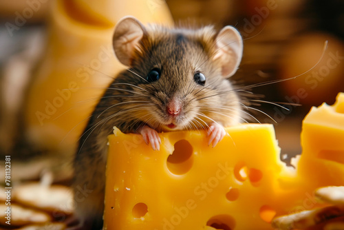 Small mouse is sitting on top of piece of cheese.