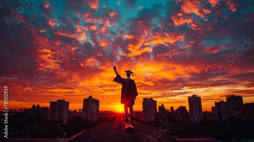 Graduate standing against a dramatic sunset sky, celebrating an educational milestone with the city skyline behind.