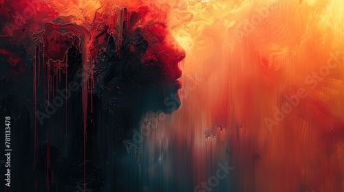 An abstract fusion of a human profile emerges from a dynamic blend of warm color palette, evoking emotional depth and artistic expression. Generative AI