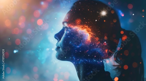 Woman Contemplating Cosmic Knowledge in a Visual Metaphor