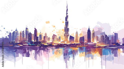Hand drawn sketch with watercolor splash of Dubai s