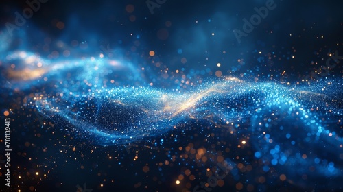 Light glitter background effect with blue glow and sparkles. Magical stardust light sparks in explosion on black background. Modern illustration.